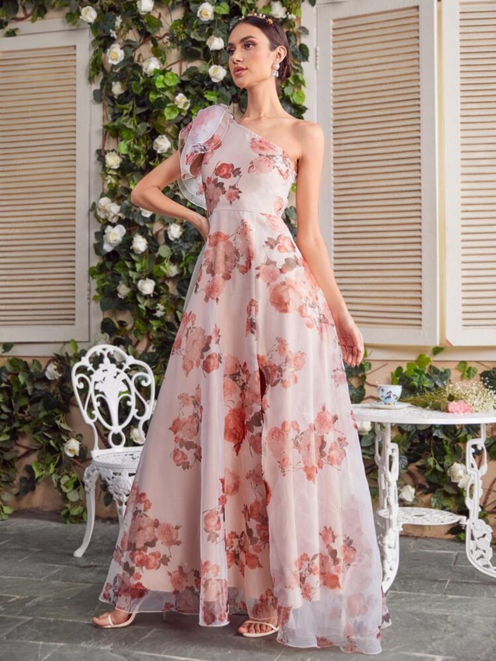 One-Shoulder Pink Floral Evening Gown